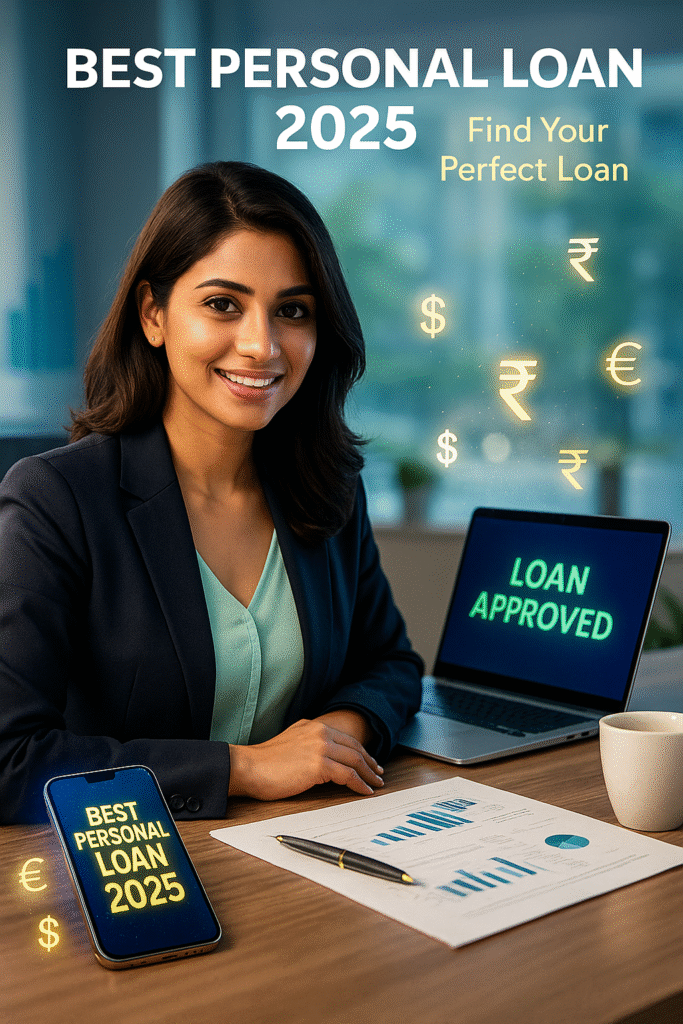 Photo-realistic image of an Indian professional researching Best Personal Loan 2025 on a laptop and smartphone, with holographic currency symbols and financial charts in a modern office background.”