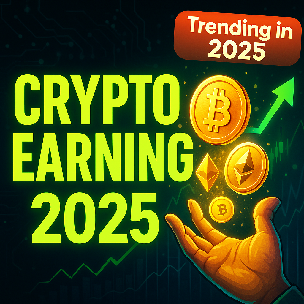 Crypto Earning 2025 Thumbnail – Passive Income Guide with Bitcoin and Ethereum Icons, Neon Background and Upward Arrow for Growth"