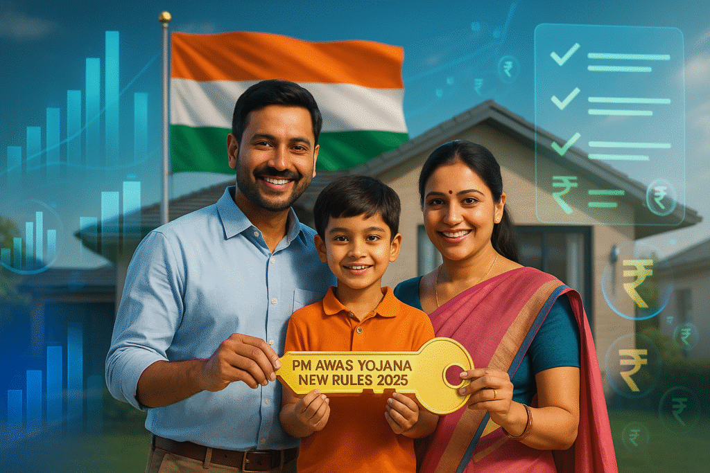 Happy Indian family holding a golden key with “PM Awas Yojana New Rules 2025” in front of a modern affordable house, futuristic background with Indian flag, charts, and currency symbols