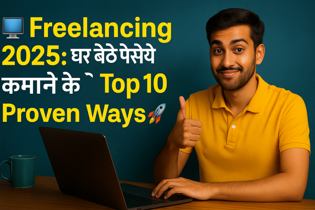 Freelancing 2025: घर बैठे पैसे कमाने के Top 10 Proven Ways – Professional thumbnail with laptop, money, and confident freelancer"