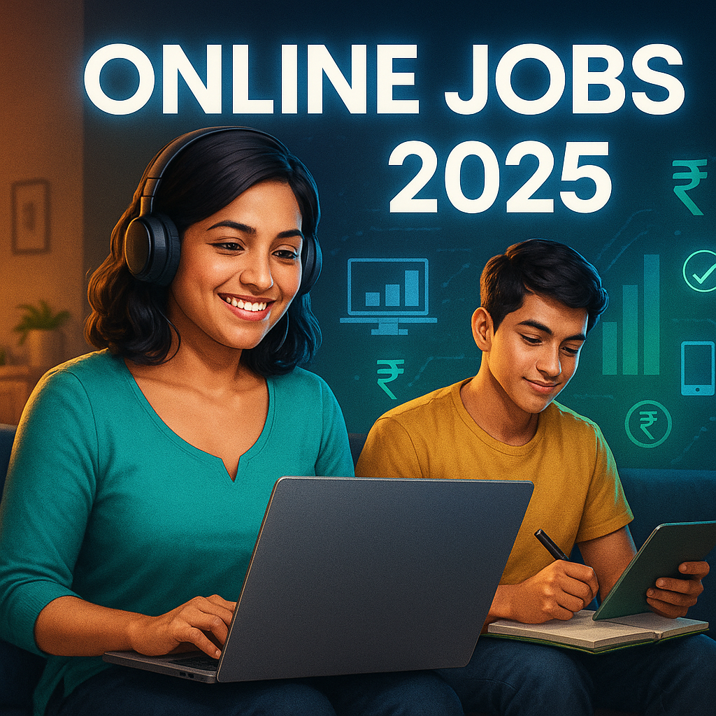 “Online Jobs 2025 – Students और Housewives के लिए बेस्ट thumbnail image showing a confident young woman working on a laptop with holographic charts and currency icons in the background”