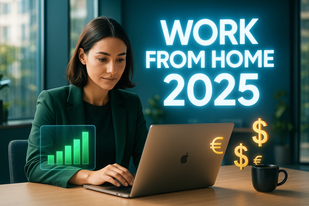 A young professional woman working remotely in a modern home office, with glowing financial charts and digital currency icons around her laptop, and bold text "Work From Home 2025" in the background.