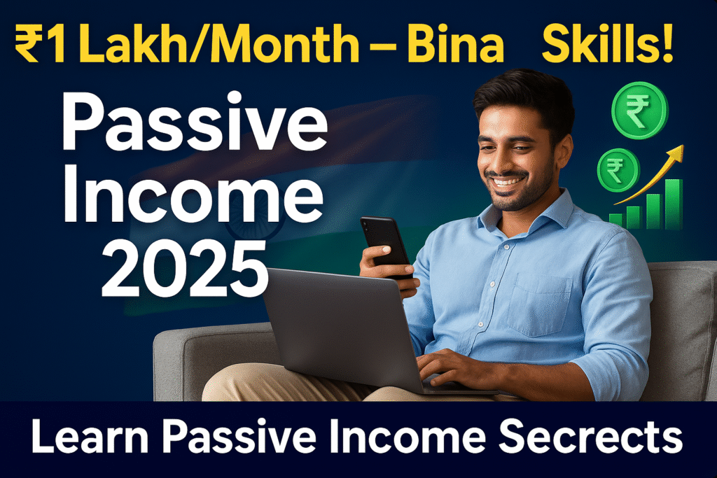 Passive Income 2025 thumbnail showing a young Indian professional earning money online with ₹1 Lakh/month highlighted on screen, surrounded by rupee ₹, dollar 💵 symbols and glowing charts.”